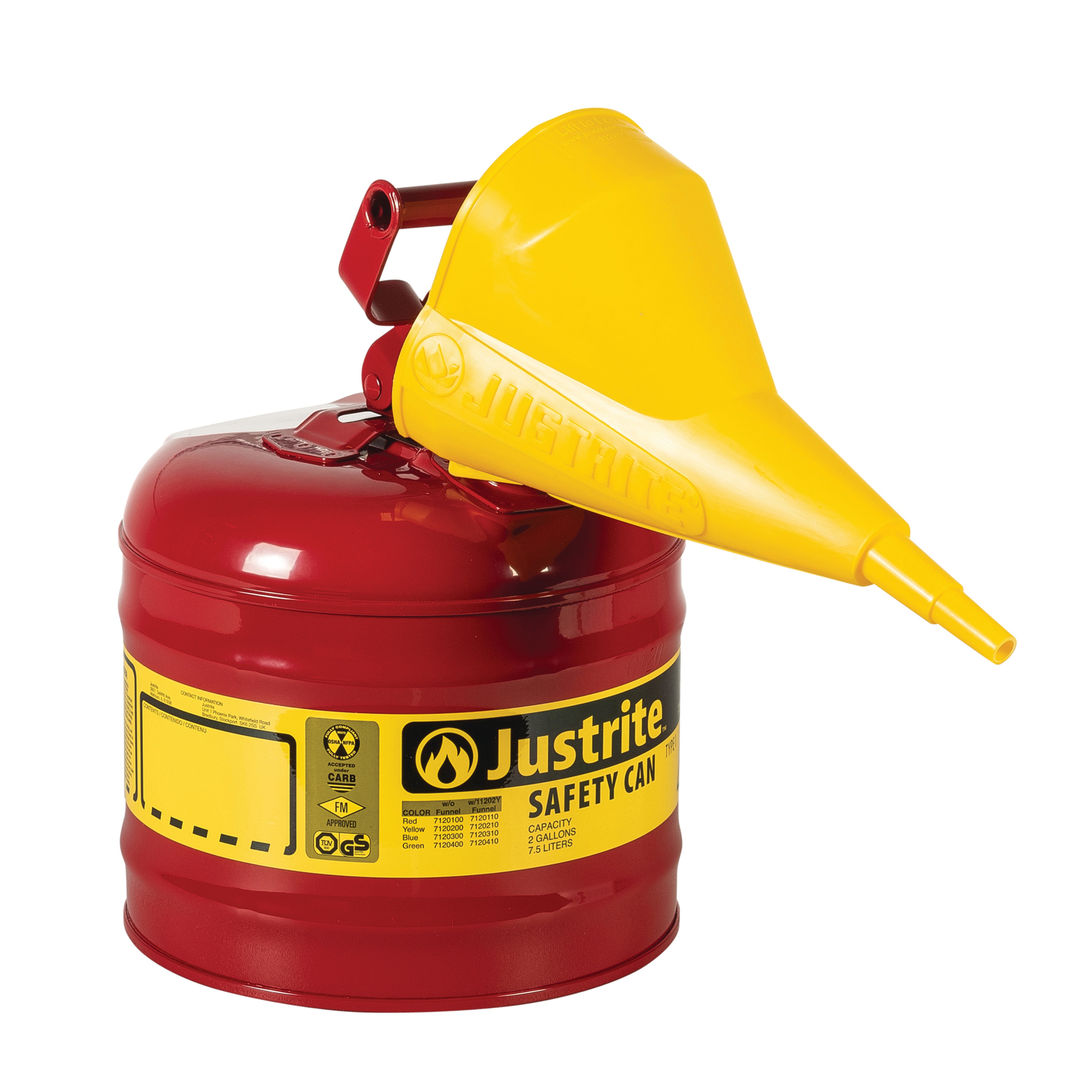 Justrite Swinging Handle Type 1 Safety Cans with Funnel Red - Spill Containment